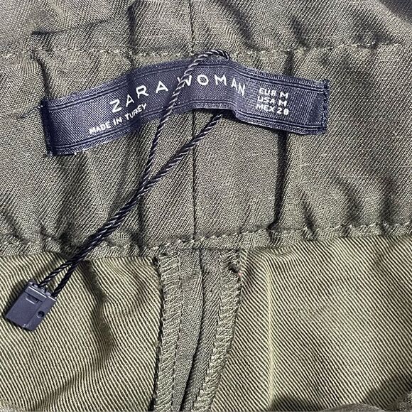 Zara Paperbag Waist Linen Blend Barrel Leg Pants Size MEDIUM Army Olive Green - Picture 6 of 8